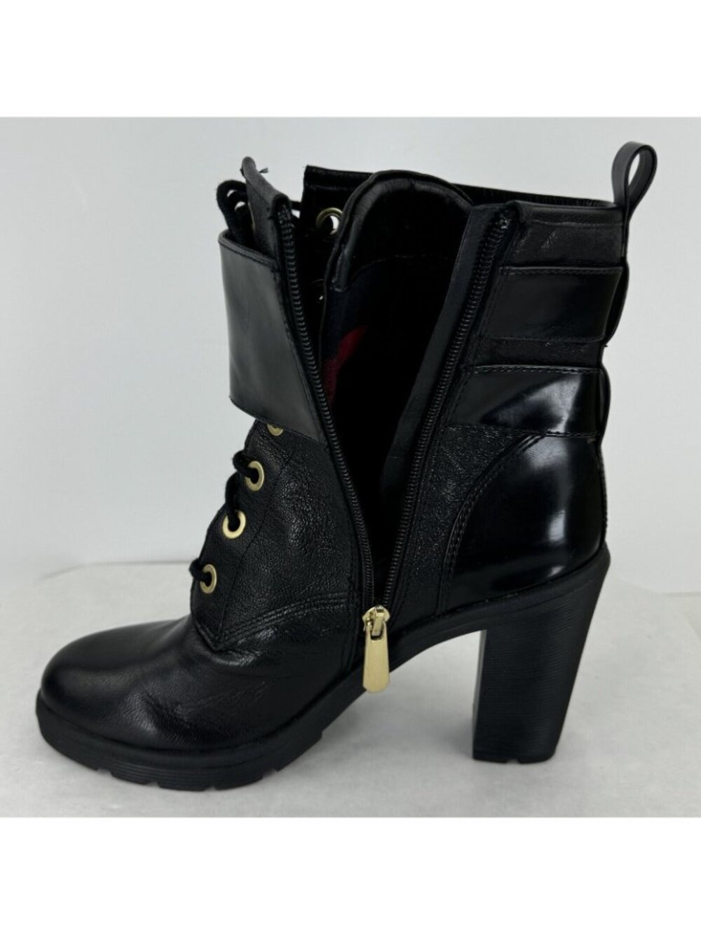 Guess Finlay Black Side Zip High Heel Leather Boots Womens Sz 8.5M Buckle Strap - Picture 4 of 16